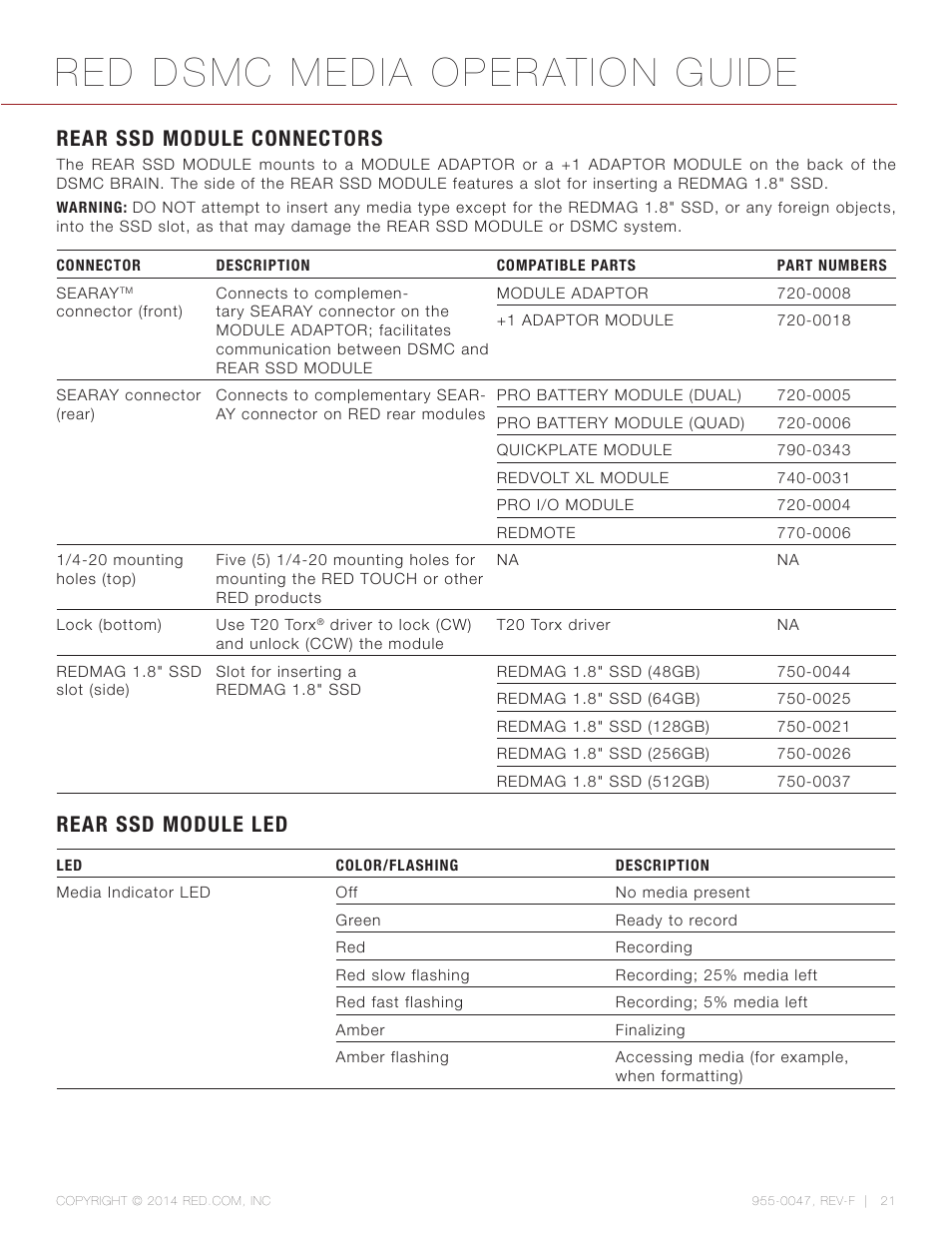 Rear ssd module connectors, Rear ssd module led, Red dsmc media operation guide | RED DSMC MEDIA User Manual | Page 21 / 80