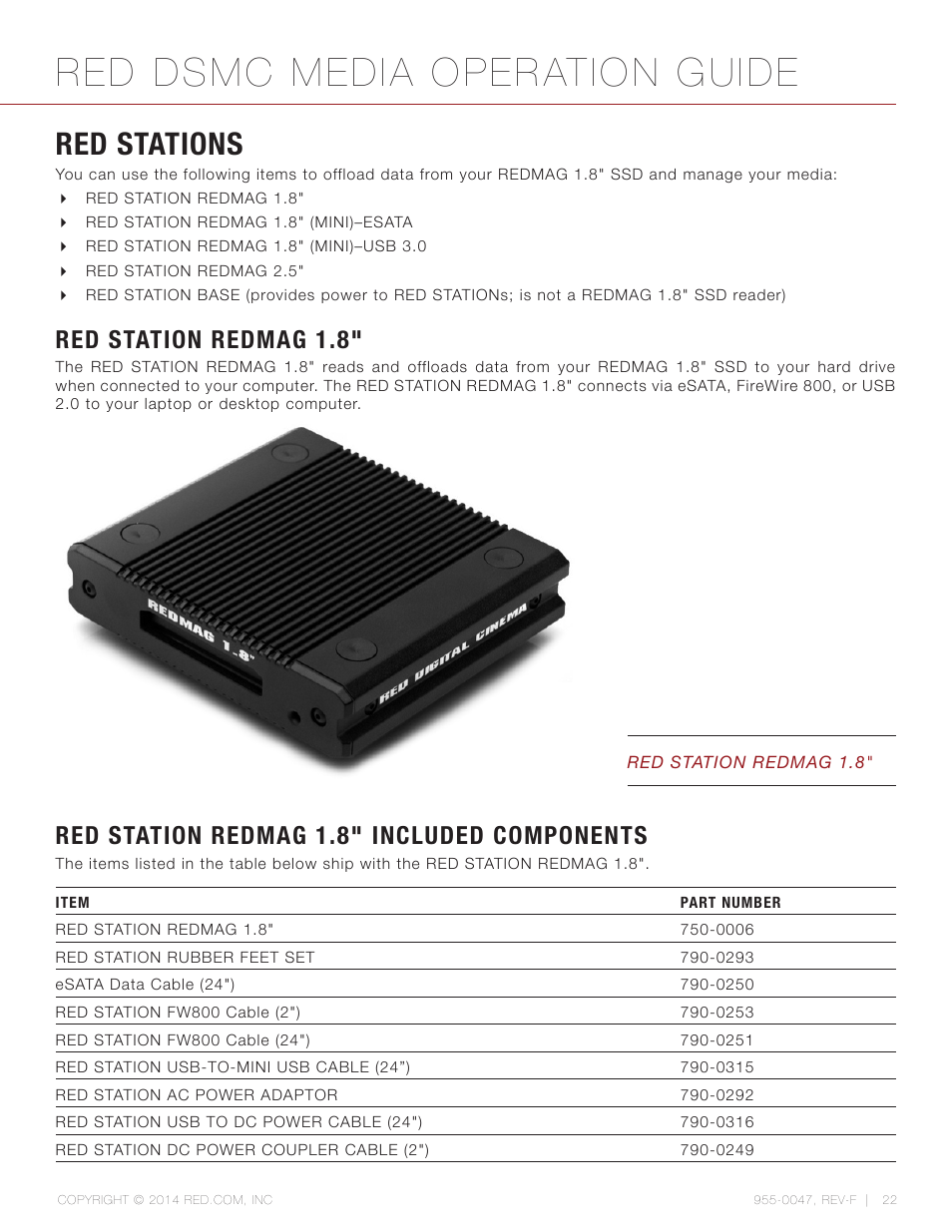 Red stations, Red station redmag 1.8, Red station redmag 1.8” included components | Red dsmc media operation guide, Red station redmag 1.8" included components | RED DSMC MEDIA User Manual | Page 22 / 80