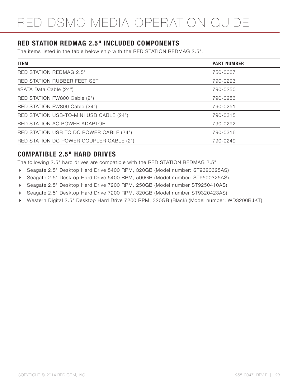 Red station redmag 2.5” included components, Compatible 2.5" hard drives, Red dsmc media operation guide | Red station redmag 2.5" included components | RED DSMC MEDIA User Manual | Page 28 / 80