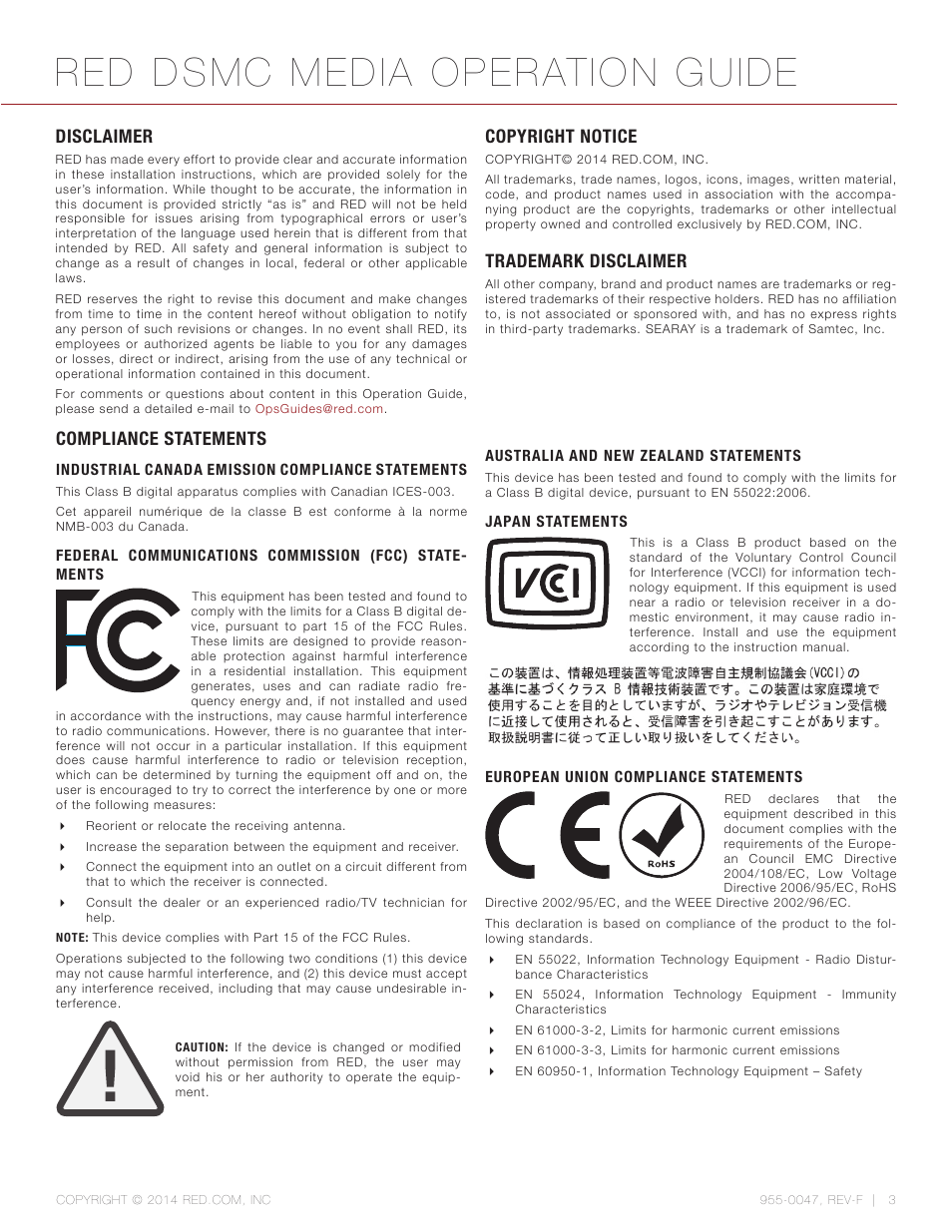 Disclaimer, Copyright notice, Trademark disclaimer | Compliance statements, Disclaimer 3, Red dsmc media operation guide | RED DSMC MEDIA User Manual | Page 3 / 80