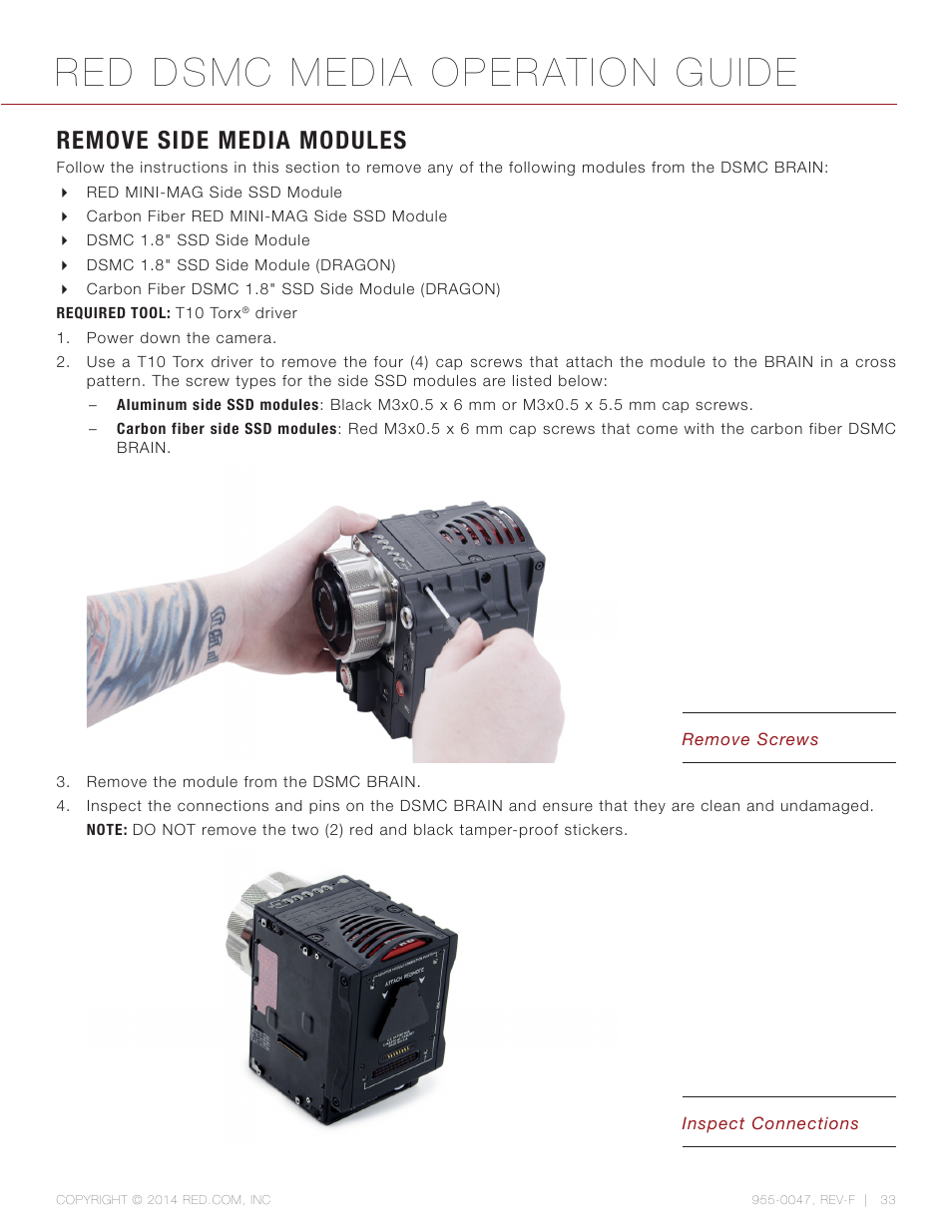 Remove side media modules, Red dsmc media operation guide | RED DSMC MEDIA User Manual | Page 33 / 80
