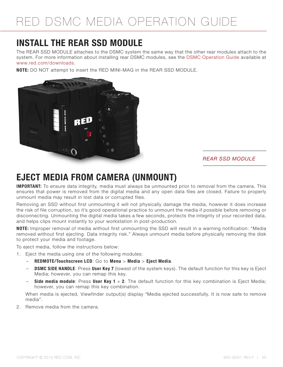 Install the rear ssd module, Eject media from camera (unmount), Red dsmc media operation guide | RED DSMC MEDIA User Manual | Page 35 / 80