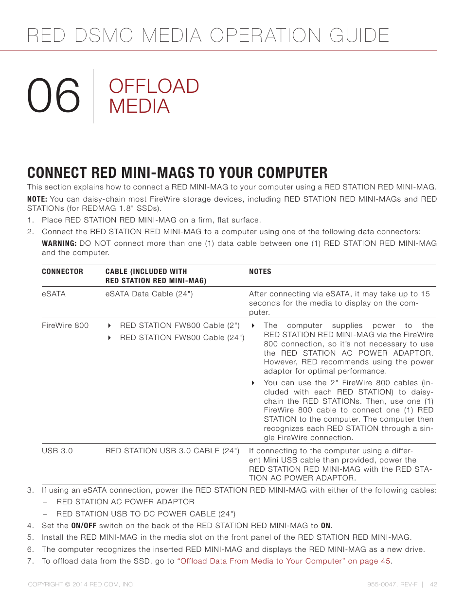 Offload media, Connect red mini-mags to your computer, Offload | Red dsmc media operation guide | RED DSMC MEDIA User Manual | Page 42 / 80