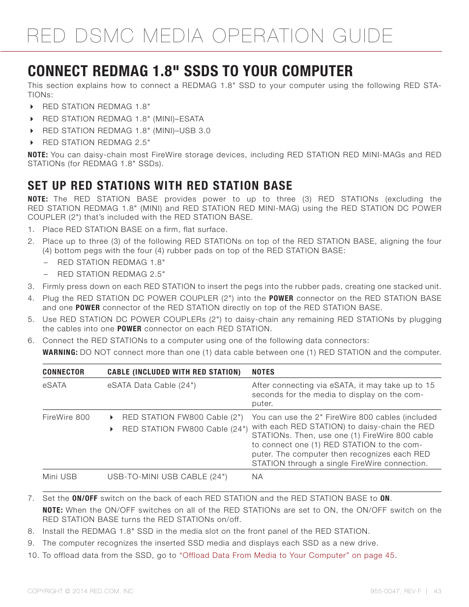 Connect redmag 1.8” ssds to your computer, Set up red stations with red station base, Red dsmc media operation guide | Connect redmag 1.8" ssds to your computer | RED DSMC MEDIA User Manual | Page 43 / 80