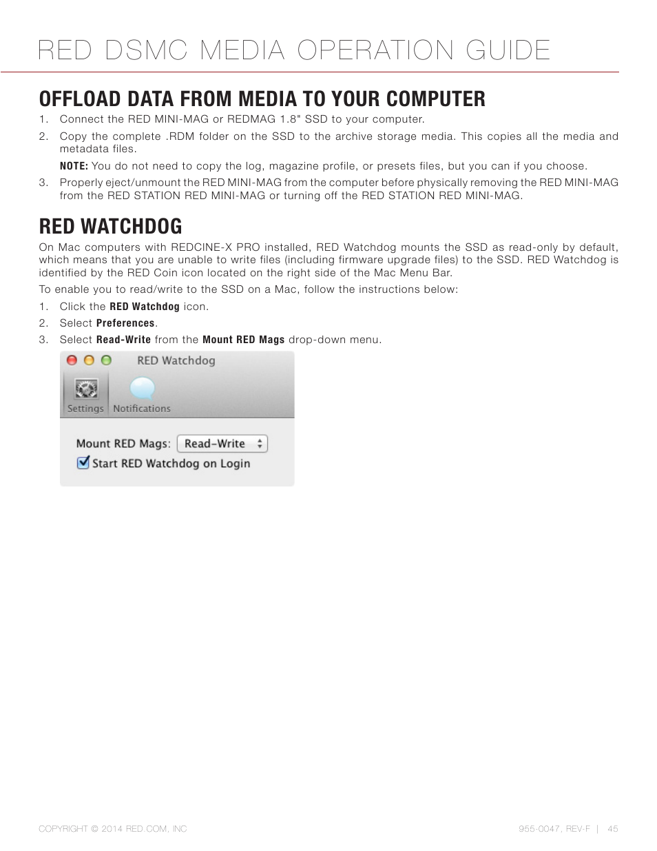 Offload data from media to your computer, Red watchdog, Red dsmc media operation guide | RED DSMC MEDIA User Manual | Page 45 / 80