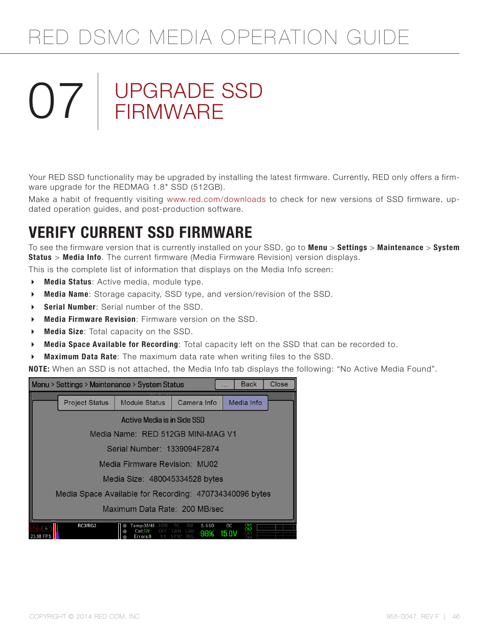 Upgrade ssd firmware, Verify current ssd firmware, Red dsmc media operation guide | RED DSMC MEDIA User Manual | Page 46 / 80