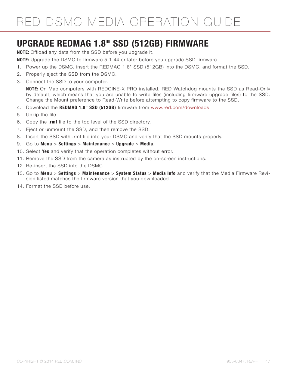 Upgrade redmag 1.8” ssd (512gb) firmware, Red dsmc media operation guide | RED DSMC MEDIA User Manual | Page 47 / 80