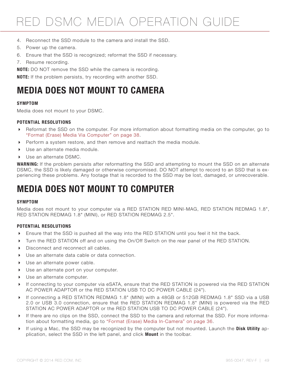 Media does not mount to camera, Symptom, Potential resolutions | Media does not mount to computer, Red dsmc media operation guide | RED DSMC MEDIA User Manual | Page 49 / 80