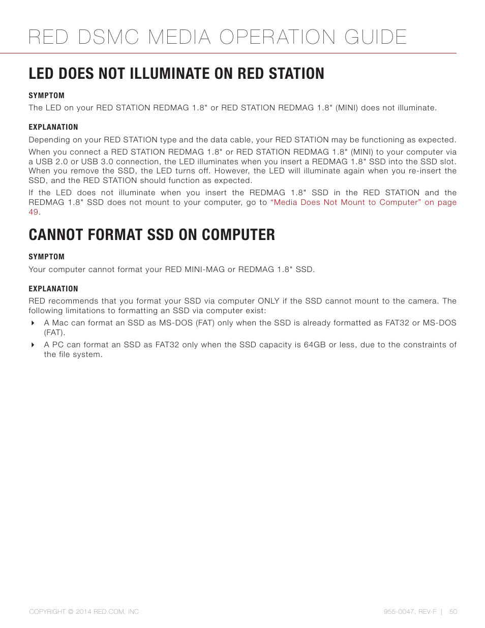 Led does not illuminate on red station, Symptom, Explanation | Cannot format ssd on computer, Red dsmc media operation guide | RED DSMC MEDIA User Manual | Page 50 / 80