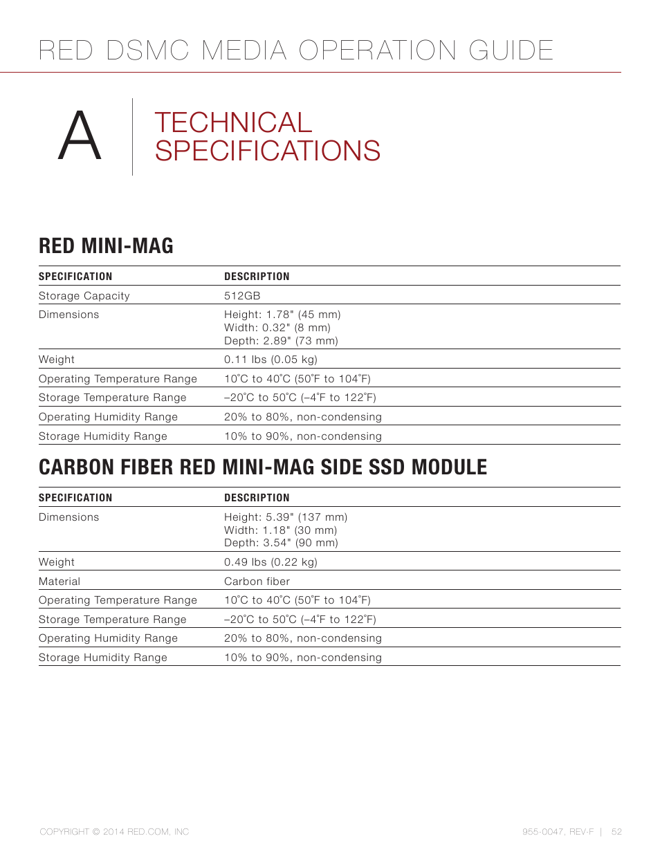 Technical specifications, Red mini-mag, Carbon fiber red mini-mag side ssd module | Red dsmc media operation guide | RED DSMC MEDIA User Manual | Page 52 / 80