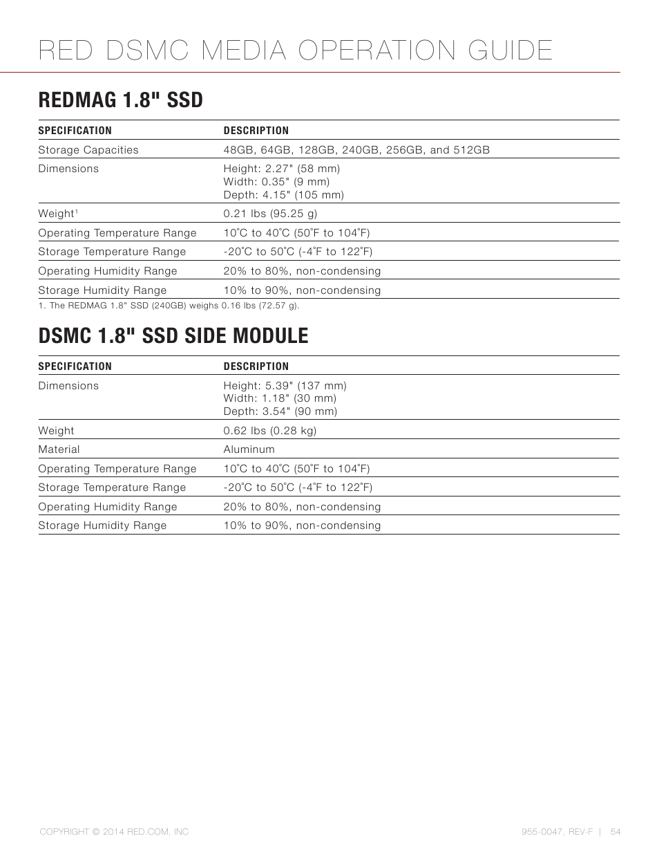Redmag 1.8” ssd, Dsmc 1.8” ssd side module, Red dsmc media operation guide | Redmag 1.8" ssd, Dsmc 1.8" ssd side module | RED DSMC MEDIA User Manual | Page 54 / 80
