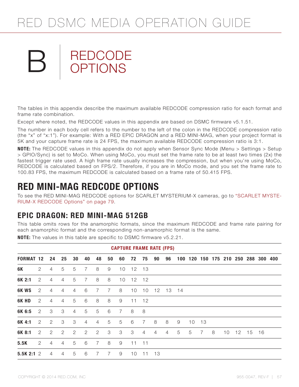 Redcode options, Red mini-mag redcode options, Epic dragon: red mini-mag 512gb | Red dsmc media operation guide | RED DSMC MEDIA User Manual | Page 57 / 80