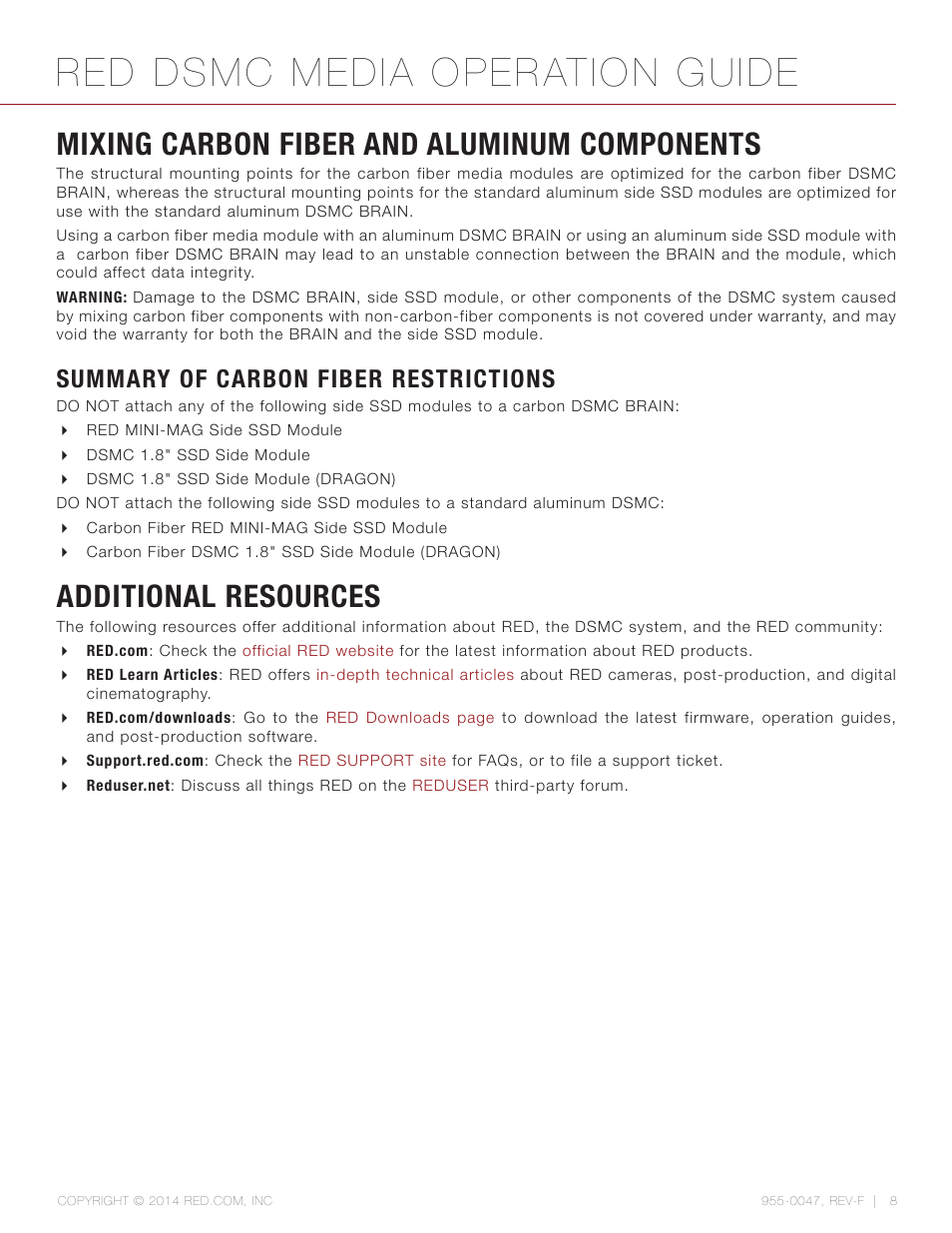 Mixing carbon fiber and aluminum components, Summary of carbon fiber restrictions, Additional resources | Red dsmc media operation guide | RED DSMC MEDIA User Manual | Page 8 / 80