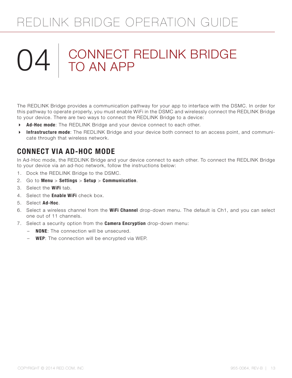 Connect redlink bridge to an app, Connect via ad-hoc mode, Redlink bridge operation guide | RED REDLINK™ BRIDGE User Manual | Page 13 / 27
