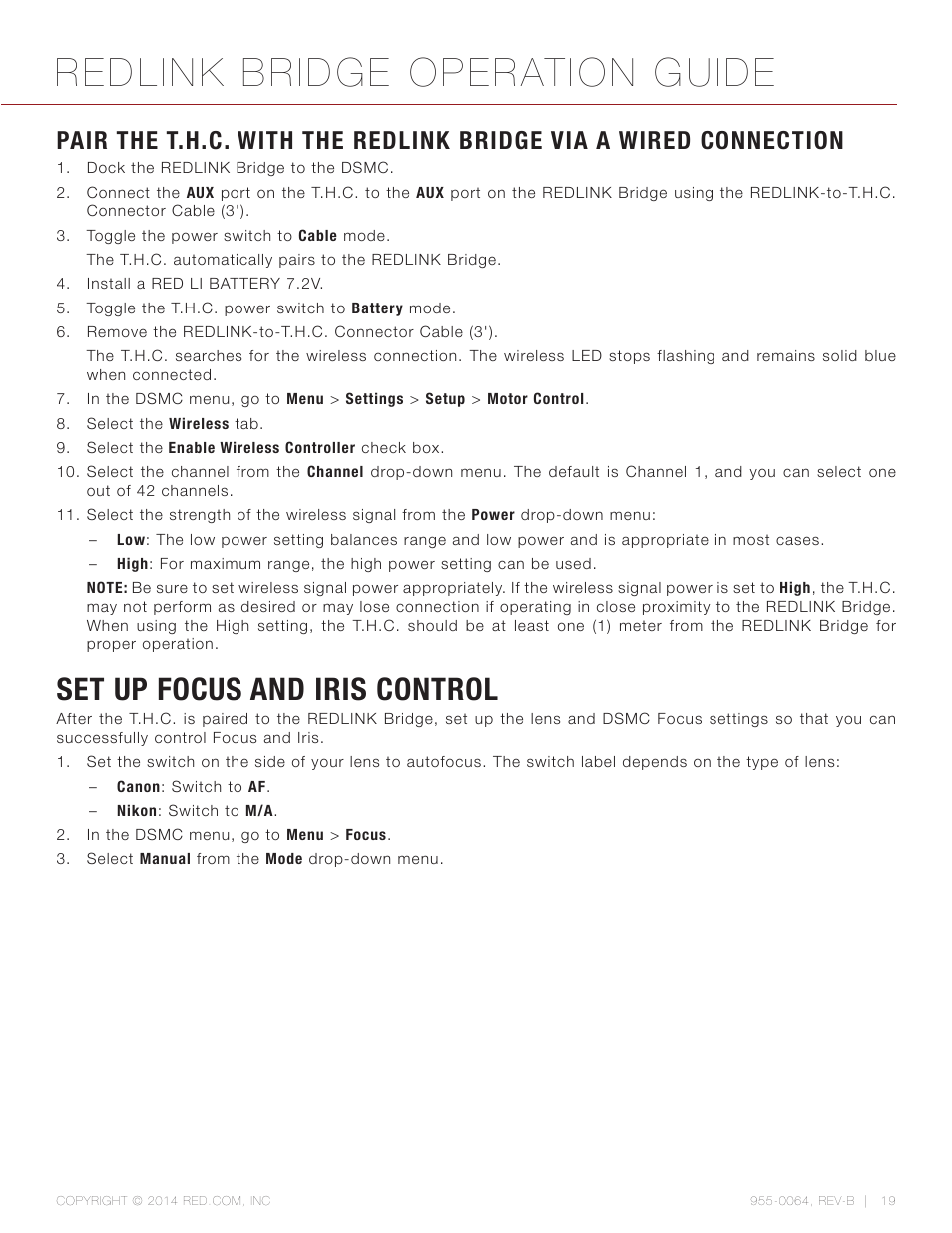 Set up focus and iris control, Redlink bridge operation guide | RED REDLINK™ BRIDGE User Manual | Page 19 / 27