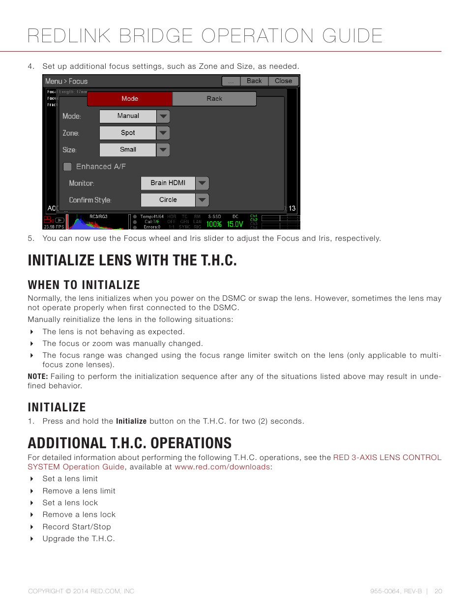 Initialize lens with the t.h.c, When to initialize, Initialize | Additional t.h.c. operations, Redlink bridge operation guide | RED REDLINK™ BRIDGE User Manual | Page 20 / 27