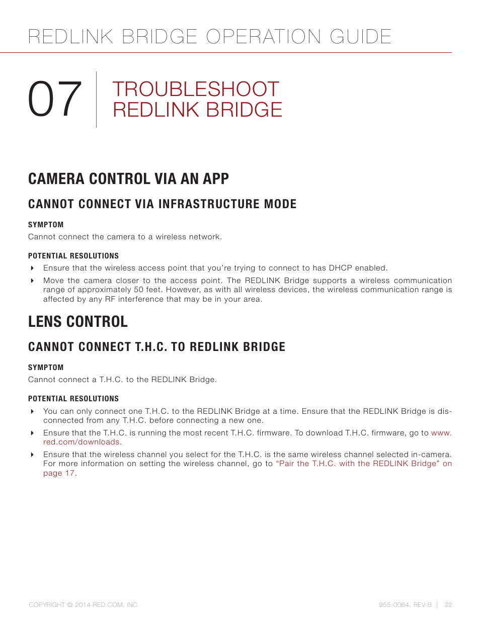 Troubleshoot redlink bridge, Camera control via an app, Cannot connect via infrastructure mode | Symptom, Potential resolutions, Lens control, Cannot connect t.h.c. to redlink bridge, Redlink bridge operation guide | RED REDLINK™ BRIDGE User Manual | Page 22 / 27