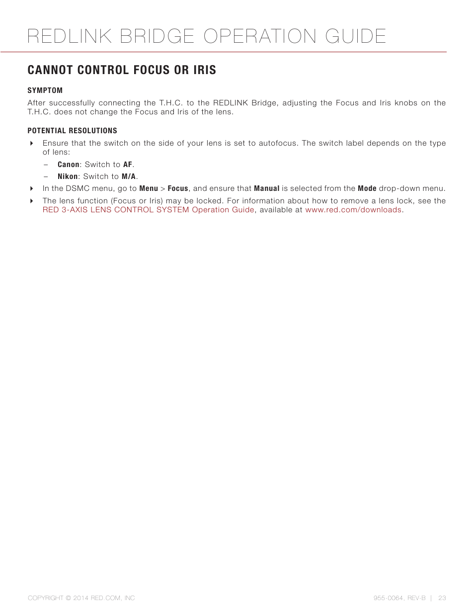 Cannot control focus or iris, Symptom, Potential resolutions | Redlink bridge operation guide | RED REDLINK™ BRIDGE User Manual | Page 23 / 27
