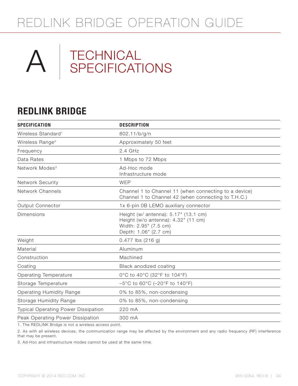 Technical specifications, Redlink bridge, Redlink bridge operation guide | RED REDLINK™ BRIDGE User Manual | Page 24 / 27