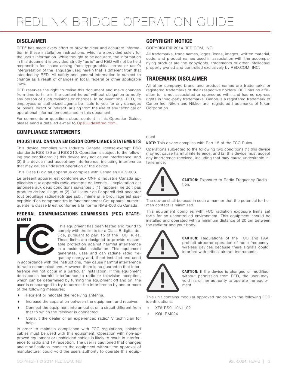 Disclaimer, Copyright notice, Trademark disclaimer | Compliance statements, Disclaimer 3, Redlink bridge operation guide | RED REDLINK™ BRIDGE User Manual | Page 3 / 27