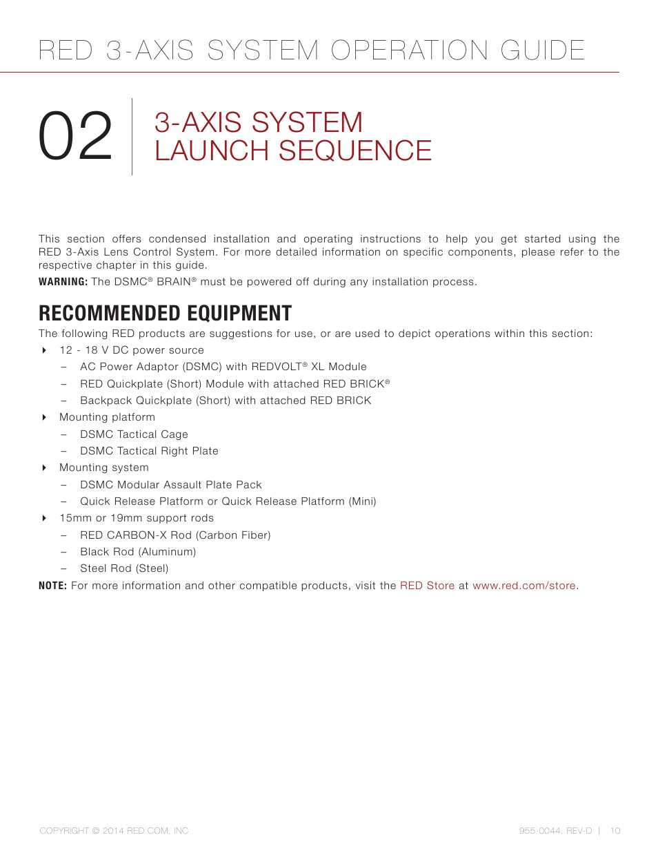 Axis system launch sequence, Recommended equipment, Red 3-axis system operation guide | RED 3-AXIS LENS CONTROL SYSTEM User Manual | Page 10 / 71