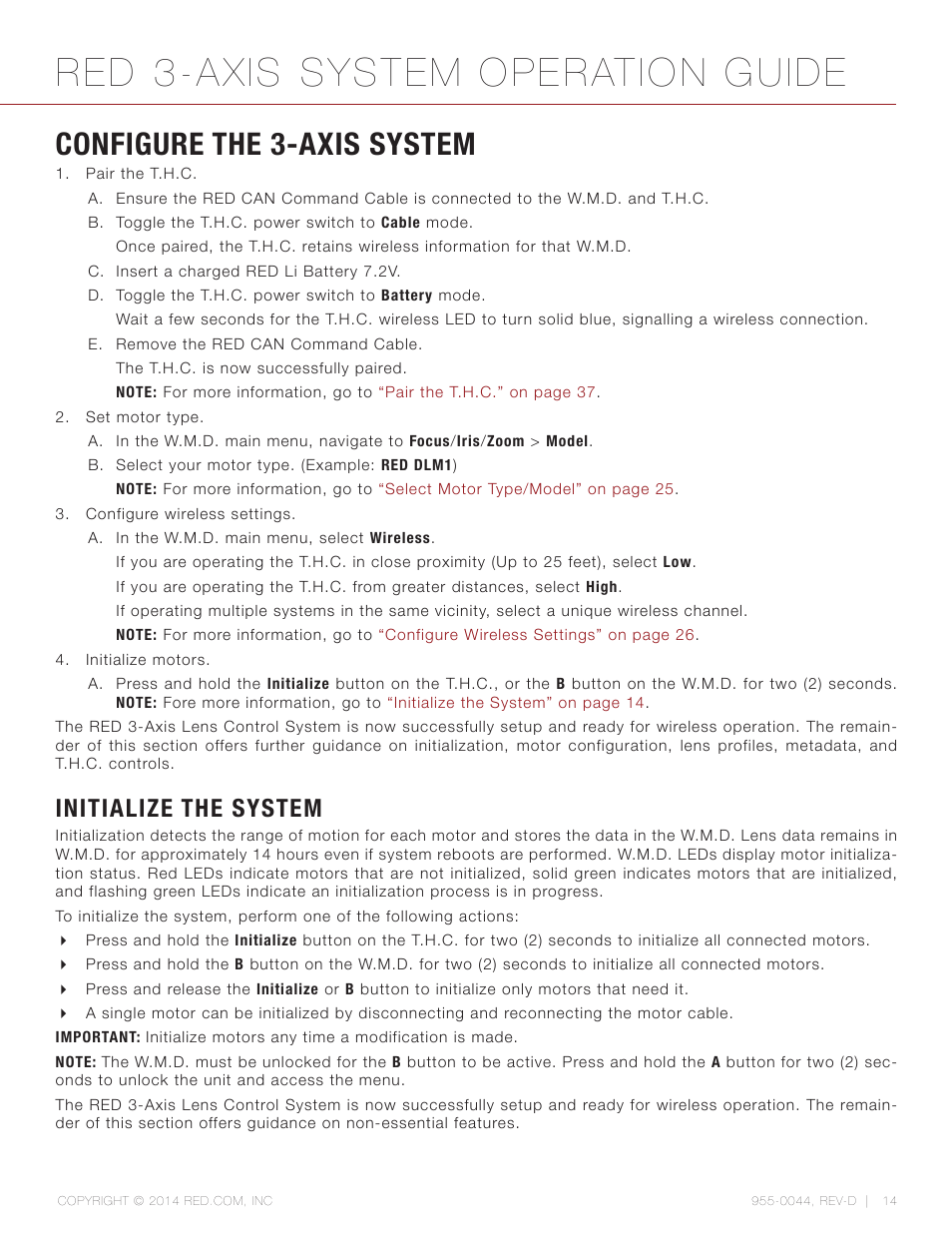 Configure the 3-axis system, Initialize the system, Red 3-axis system operation guide | RED 3-AXIS LENS CONTROL SYSTEM User Manual | Page 14 / 71