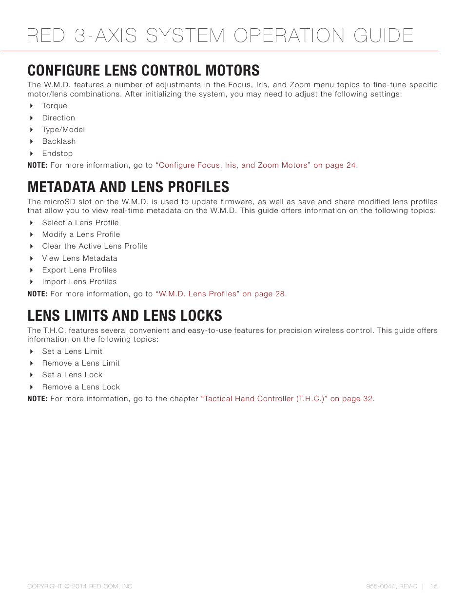 Configure lens control motors, Metadata and lens profiles, Lens limits and lens locks | Red 3-axis system operation guide | RED 3-AXIS LENS CONTROL SYSTEM User Manual | Page 15 / 71