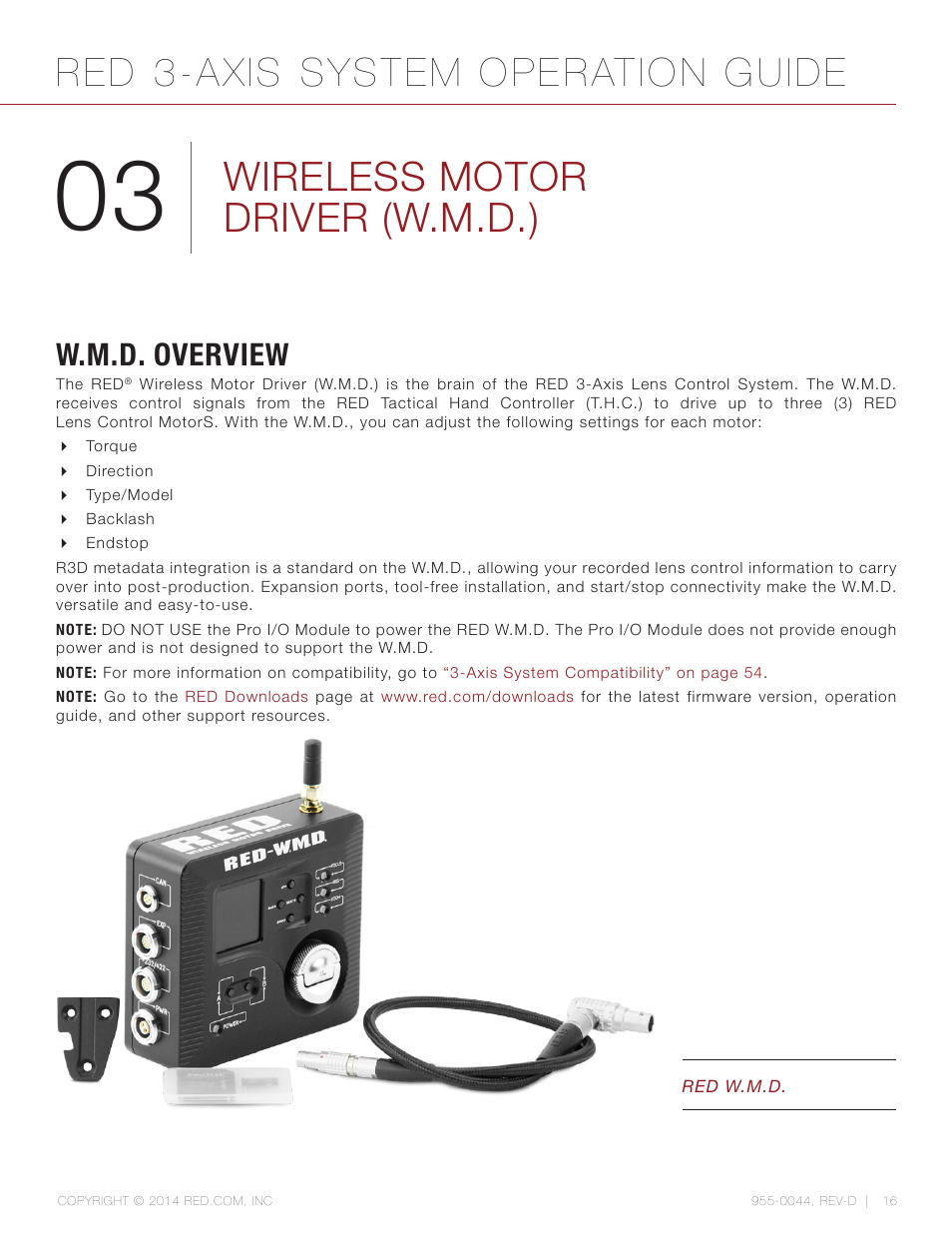 Wireless motor driver (w.m.d.), W.m.d. overview, Red 3-axis system operation guide | RED 3-AXIS LENS CONTROL SYSTEM User Manual | Page 16 / 71