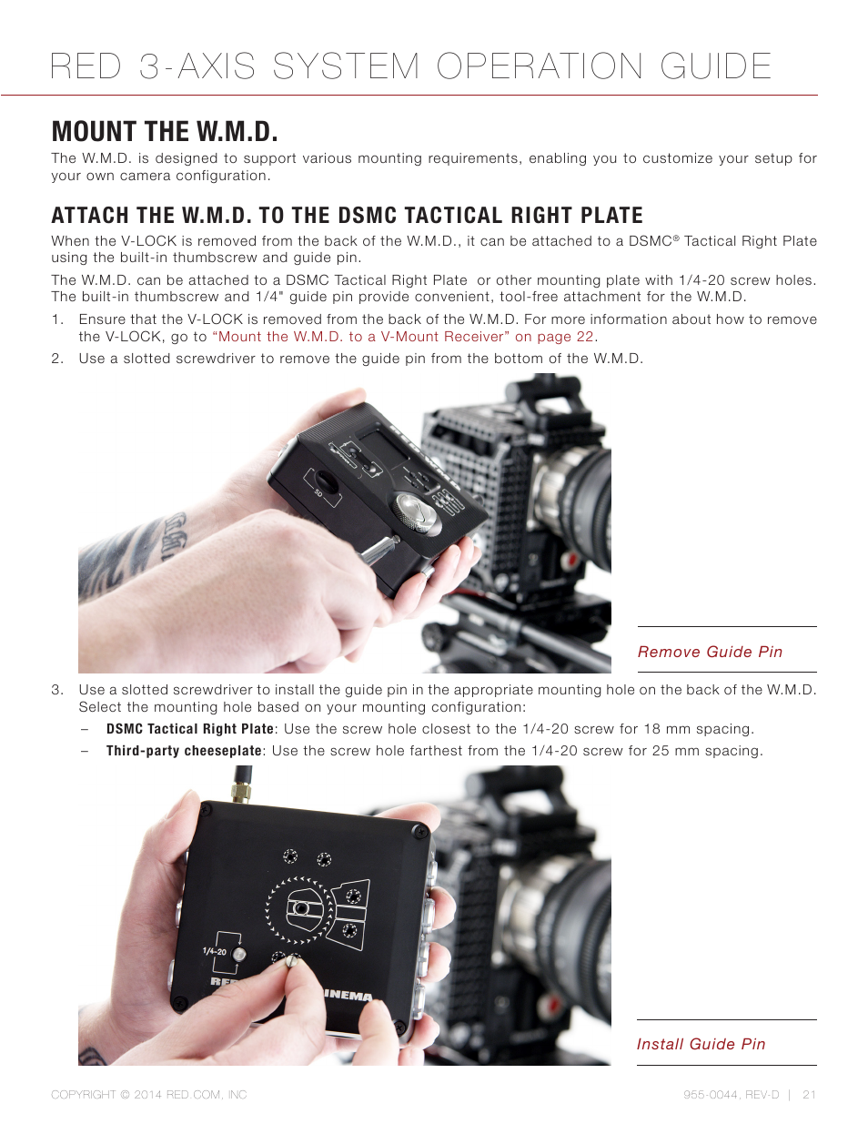 Mount the w.m.d, Attach the w.m.d. to the dsmc tactical right plate, Red 3-axis system operation guide | RED 3-AXIS LENS CONTROL SYSTEM User Manual | Page 21 / 71