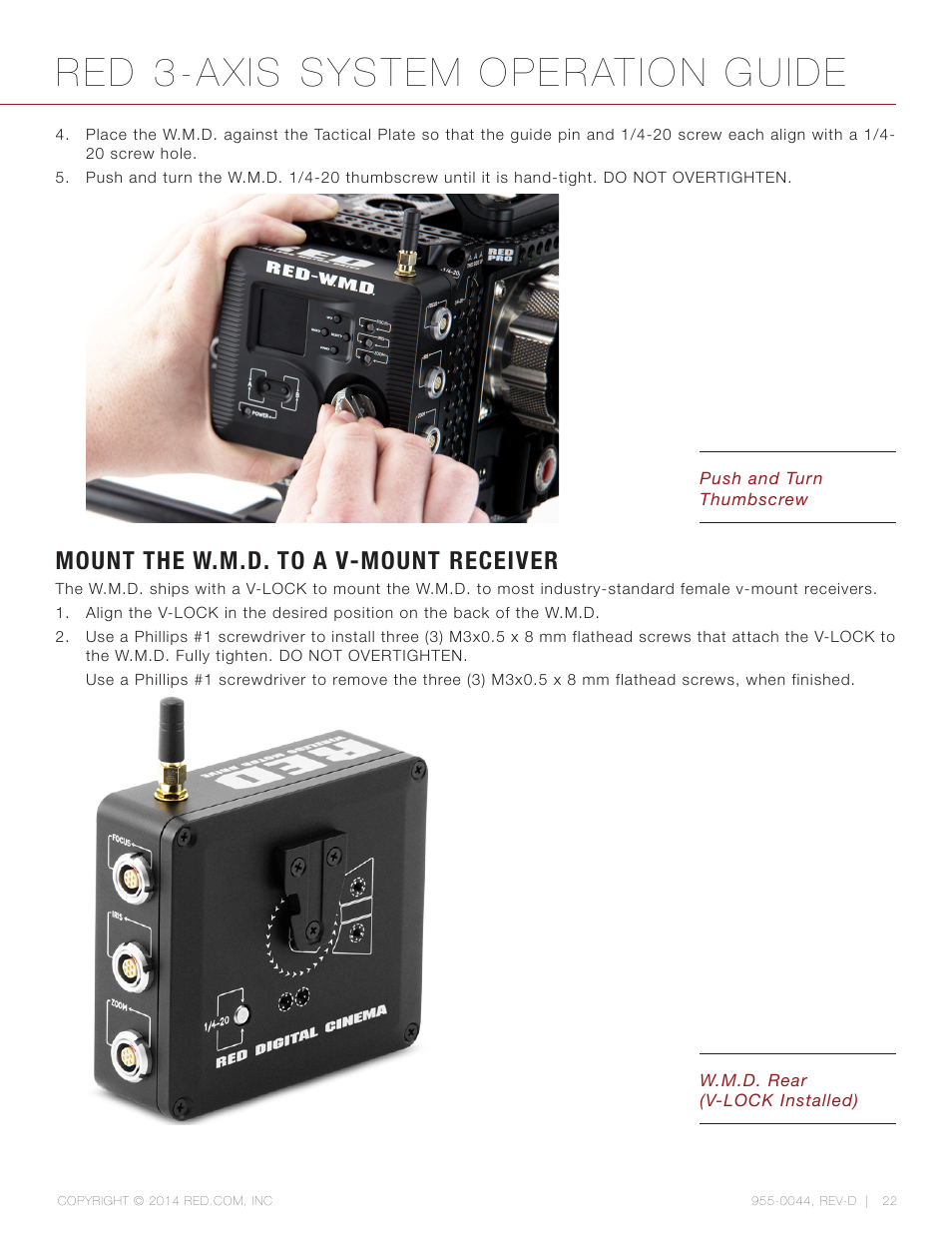 Mount the w.m.d. to a v-mount receiver, Red 3-axis system operation guide | RED 3-AXIS LENS CONTROL SYSTEM User Manual | Page 22 / 71