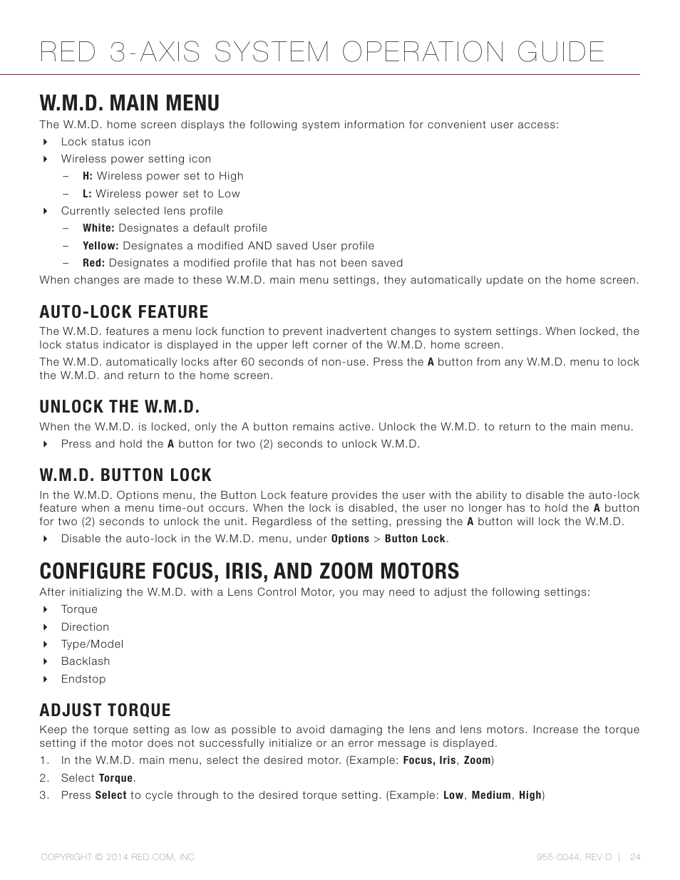 W.m.d. main menu, Auto-lock feature, Unlock the w.m.d | W.m.d. button lock, Configure focus, iris, and zoom motors, Adjust torque, Red 3-axis system operation guide | RED 3-AXIS LENS CONTROL SYSTEM User Manual | Page 24 / 71