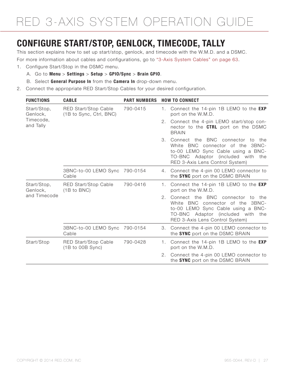 Configure start/stop, genlock, timecode, tally, Red 3-axis system operation guide | RED 3-AXIS LENS CONTROL SYSTEM User Manual | Page 27 / 71