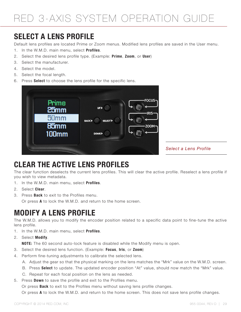 Select a lens profile, Clear the active lens profiles, Modify a lens profile | Red 3-axis system operation guide | RED 3-AXIS LENS CONTROL SYSTEM User Manual | Page 29 / 71