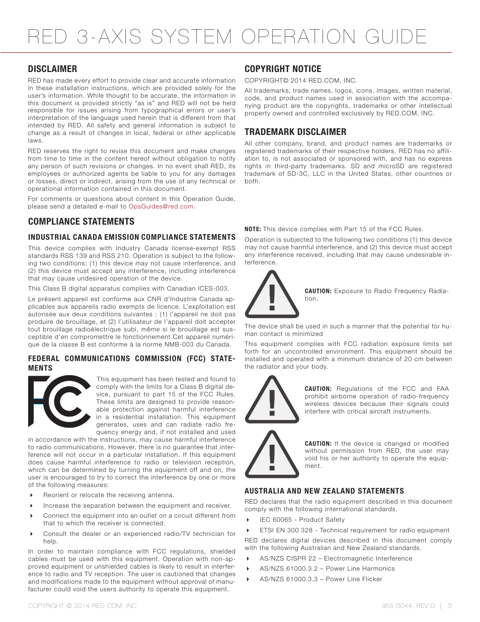 Disclaimer, Copyright notice, Trademark disclaimer | Compliance statements, Disclaimer 3, Red 3-axis system operation guide | RED 3-AXIS LENS CONTROL SYSTEM User Manual | Page 3 / 71