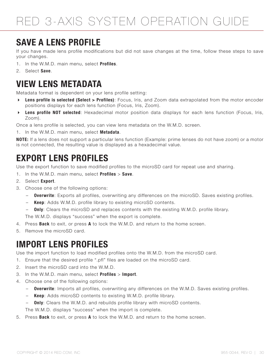 Save a lens profile, View lens metadata, Export lens profiles | Import lens profiles, Red 3-axis system operation guide | RED 3-AXIS LENS CONTROL SYSTEM User Manual | Page 30 / 71