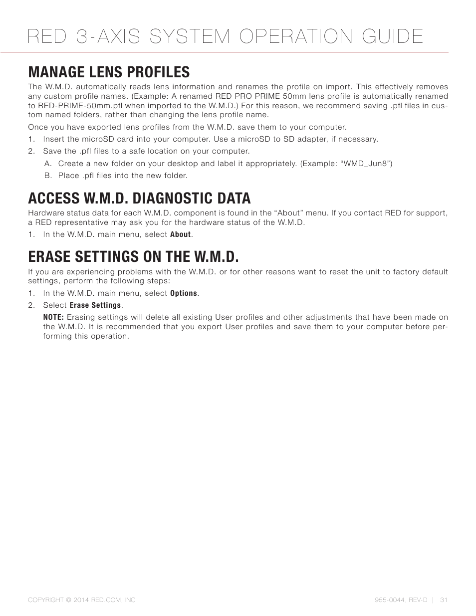 Manage lens profiles, Access w.m.d. diagnostic data, Erase settings on the w.m.d | Red 3-axis system operation guide | RED 3-AXIS LENS CONTROL SYSTEM User Manual | Page 31 / 71