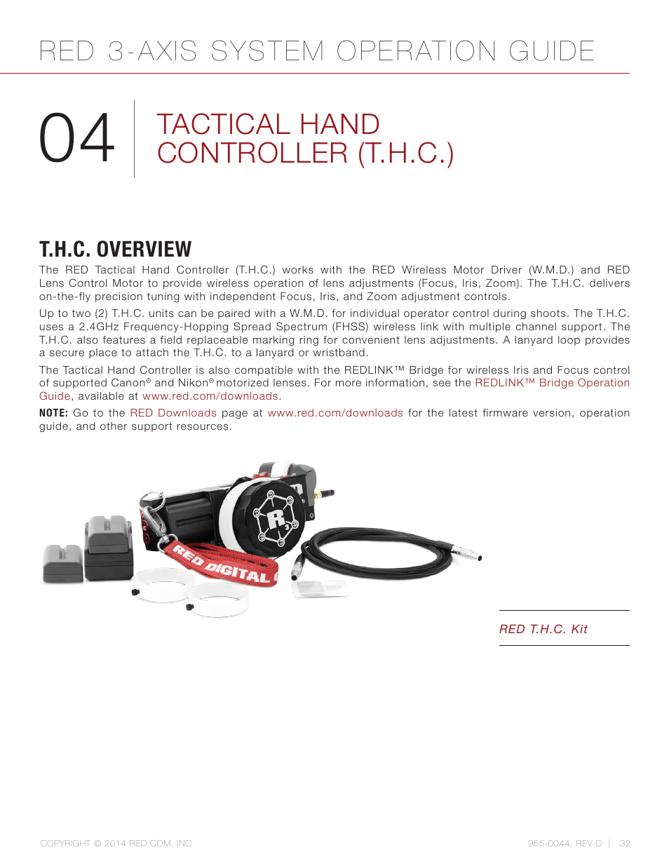 Tactical hand controller (t.h.c.), T.h.c. overview, Red 3-axis system operation guide | RED 3-AXIS LENS CONTROL SYSTEM User Manual | Page 32 / 71
