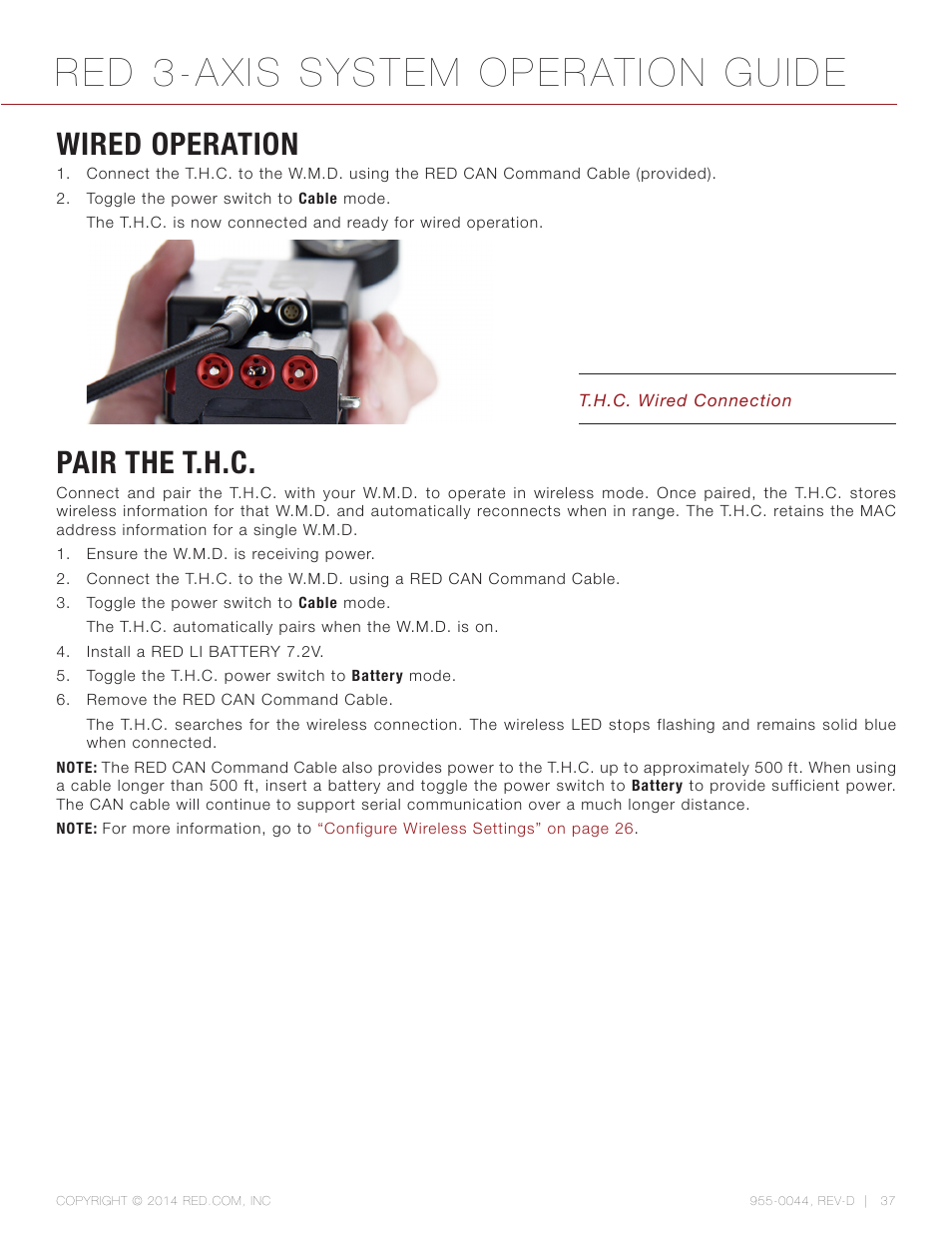 Wired operation, Pair the t.h.c, Red 3-axis system operation guide | RED 3-AXIS LENS CONTROL SYSTEM User Manual | Page 37 / 71