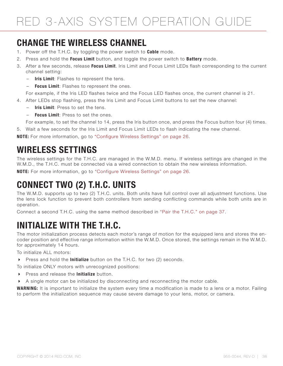 Change the wireless channel, Wireless settings, Connect two (2) t.h.c. units | Initialize with the t.h.c, Red 3-axis system operation guide | RED 3-AXIS LENS CONTROL SYSTEM User Manual | Page 38 / 71