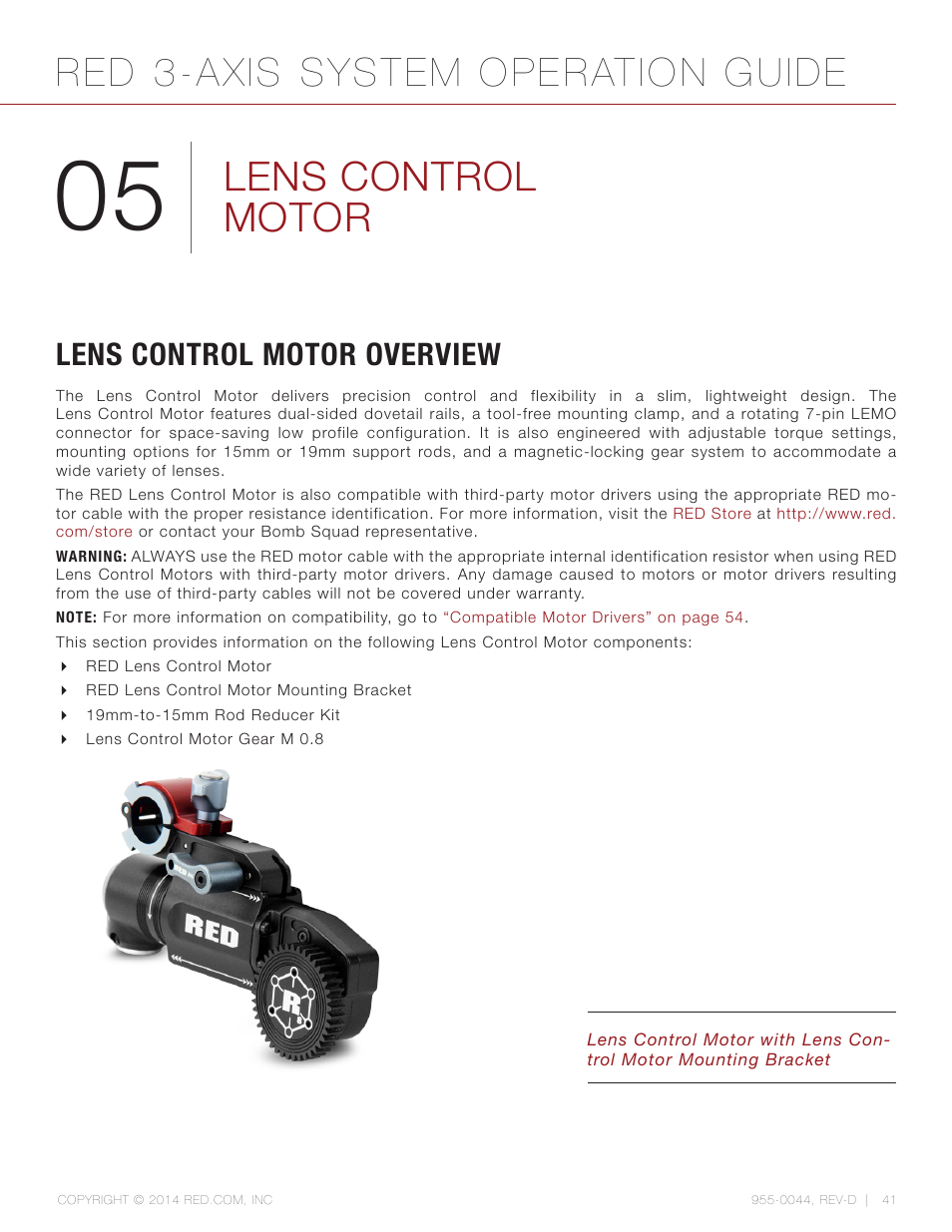 Lens control motor, Lens control motor overview, Red 3-axis system operation guide | RED 3-AXIS LENS CONTROL SYSTEM User Manual | Page 41 / 71