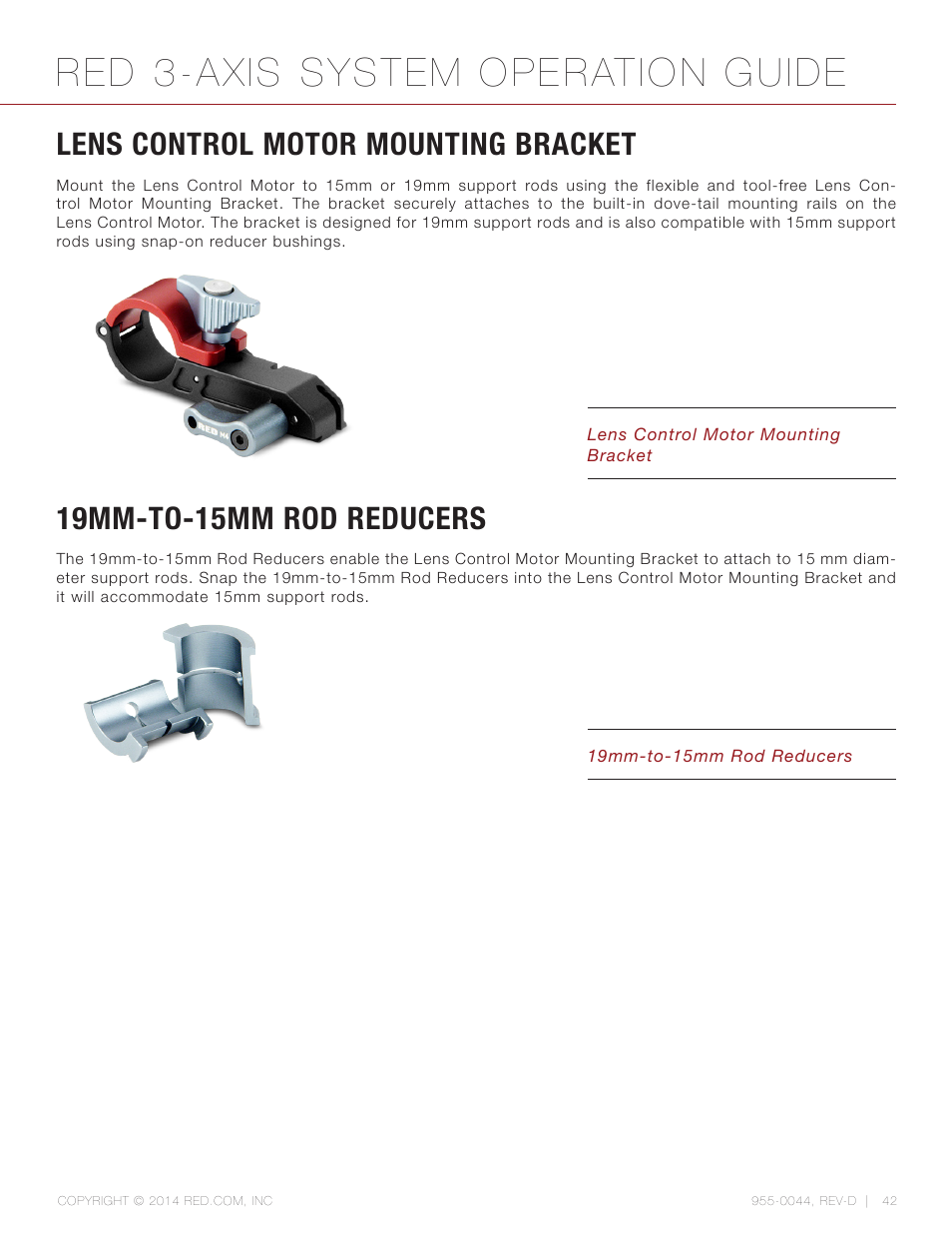 Lens control motor mounting bracket, 19mm-to-15mm rod reducers, Red 3-axis system operation guide | RED 3-AXIS LENS CONTROL SYSTEM User Manual | Page 42 / 71