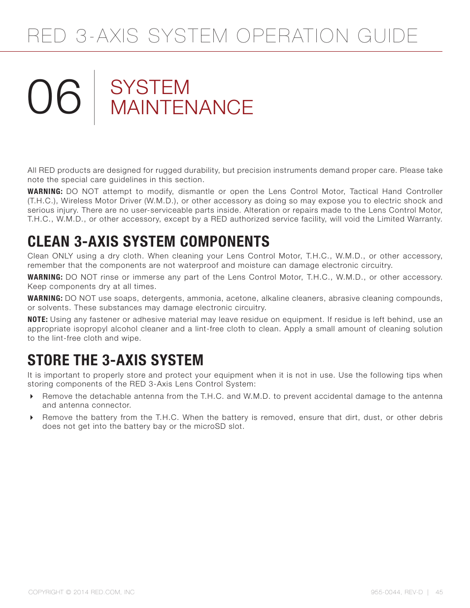 System maintenance, Clean 3-axis system components, Store the 3-axis system | Red 3-axis system operation guide | RED 3-AXIS LENS CONTROL SYSTEM User Manual | Page 45 / 71