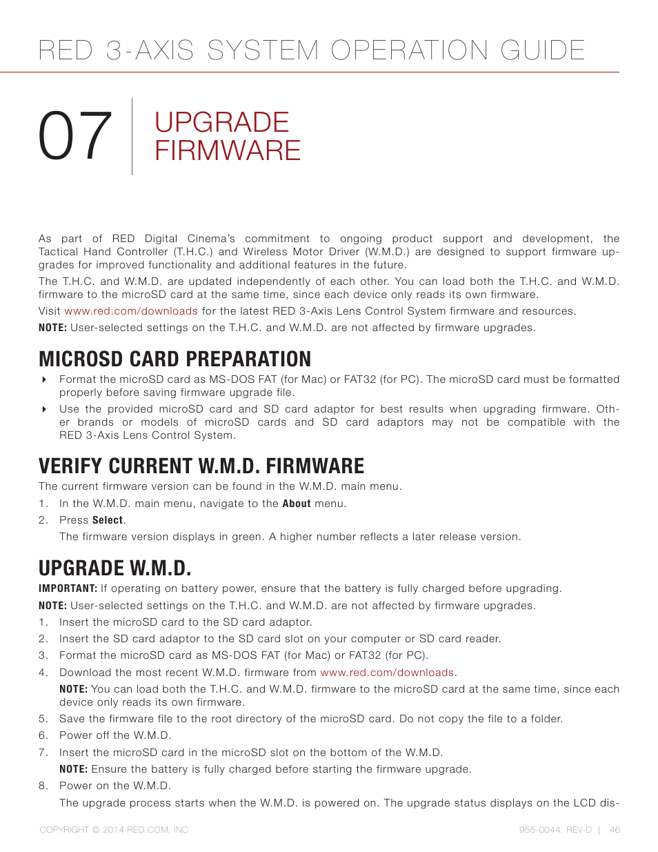 Upgrade firmware, Microsd card preparation, Verify current w.m.d. firmware | Upgrade w.m.d, Red 3-axis system operation guide | RED 3-AXIS LENS CONTROL SYSTEM User Manual | Page 46 / 71