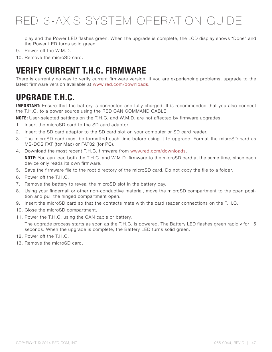 Verify current t.h.c. firmware, Upgrade t.h.c, Red 3-axis system operation guide | RED 3-AXIS LENS CONTROL SYSTEM User Manual | Page 47 / 71