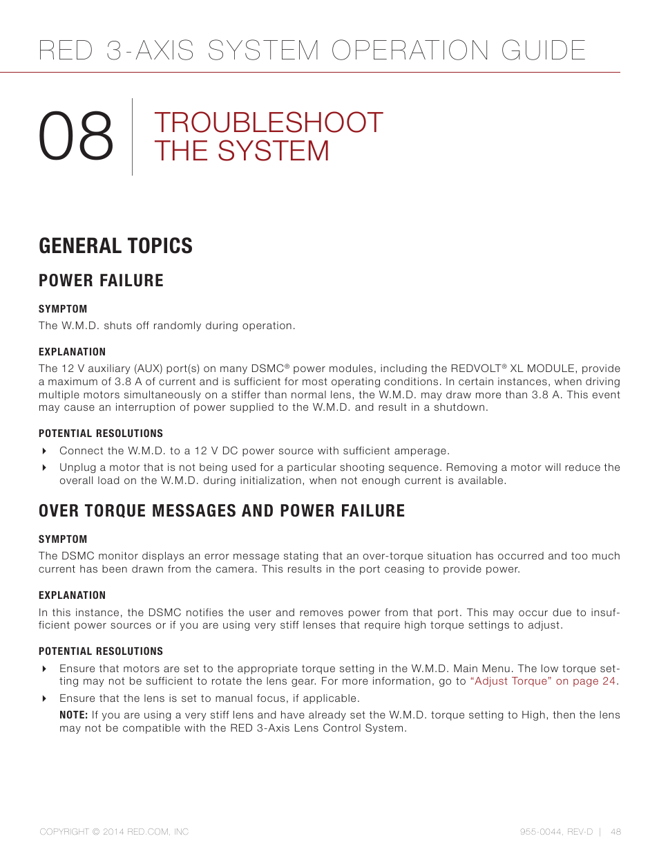 Troubleshoot the system, General topics, Power failure | Symptom, Explanation, Potential resolutions, Over torque messages and power failure, Red 3-axis system operation guide | RED 3-AXIS LENS CONTROL SYSTEM User Manual | Page 48 / 71