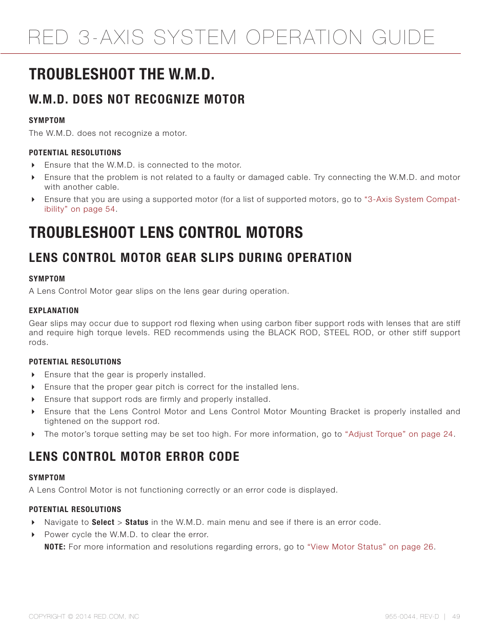 Troubleshoot the w.m.d, W.m.d. does not recognize motor, Symptom | Potential resolutions, Troubleshoot lens control motors, Lens control motor gear slips during operation, Explanation, Lens control motor error code, Red 3-axis system operation guide | RED 3-AXIS LENS CONTROL SYSTEM User Manual | Page 49 / 71