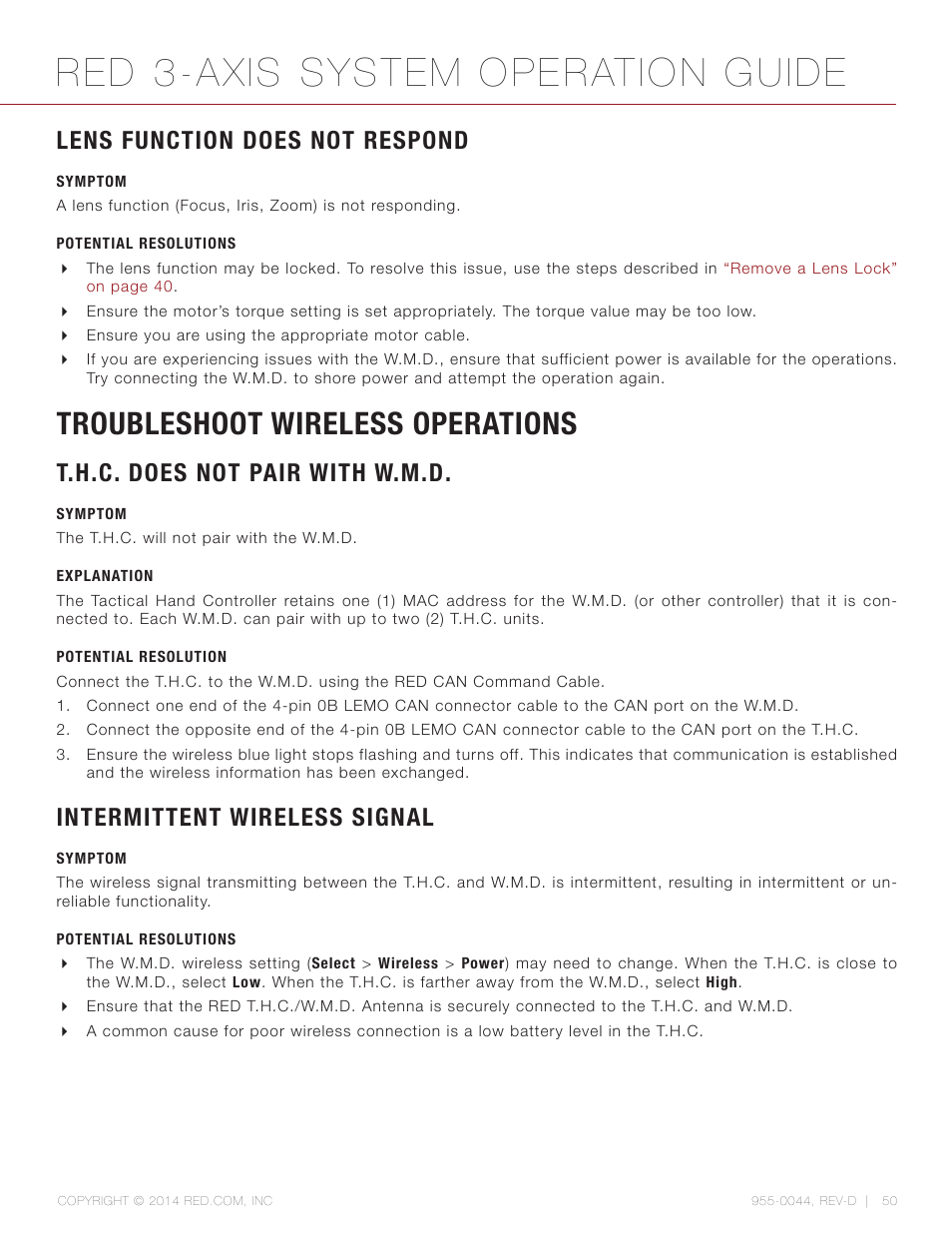 Lens function does not respond, Symptom, Potential resolutions | Troubleshoot wireless operations, T.h.c. does not pair with w.m.d, Explanation, Potential resolution, Intermittent wireless signal, Red 3-axis system operation guide | RED 3-AXIS LENS CONTROL SYSTEM User Manual | Page 50 / 71
