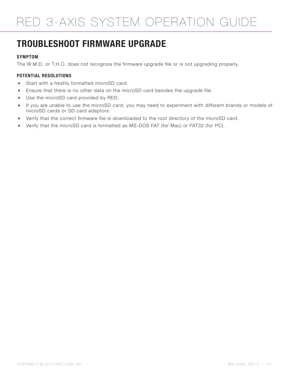 Troubleshoot firmware upgrade, Symptom, Potential resolutions | Red 3-axis system operation guide | RED 3-AXIS LENS CONTROL SYSTEM User Manual | Page 51 / 71