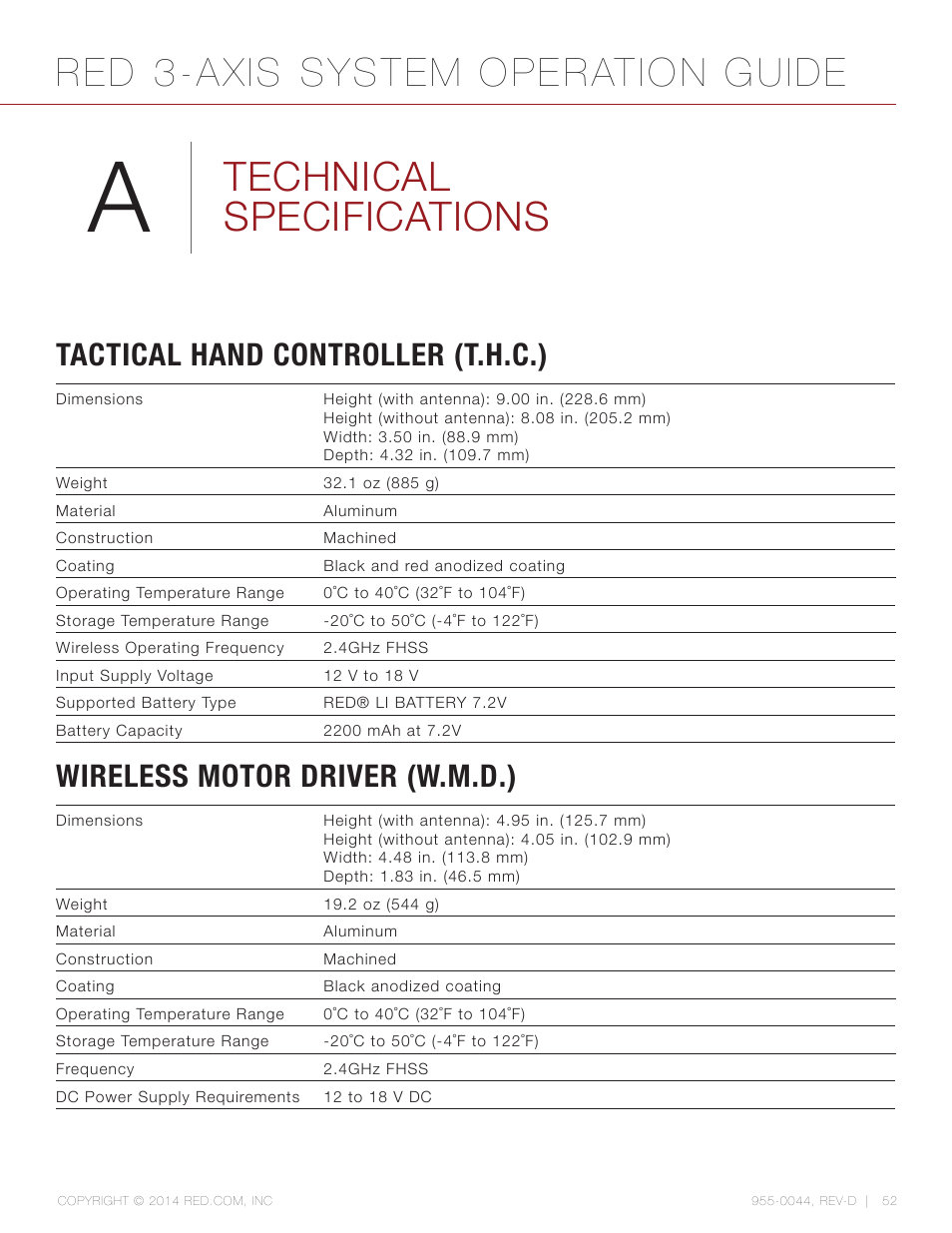 Technical specifications, Tactical hand controller (t.h.c.), Wireless motor driver (w.m.d.) | Red 3-axis system operation guide | RED 3-AXIS LENS CONTROL SYSTEM User Manual | Page 52 / 71