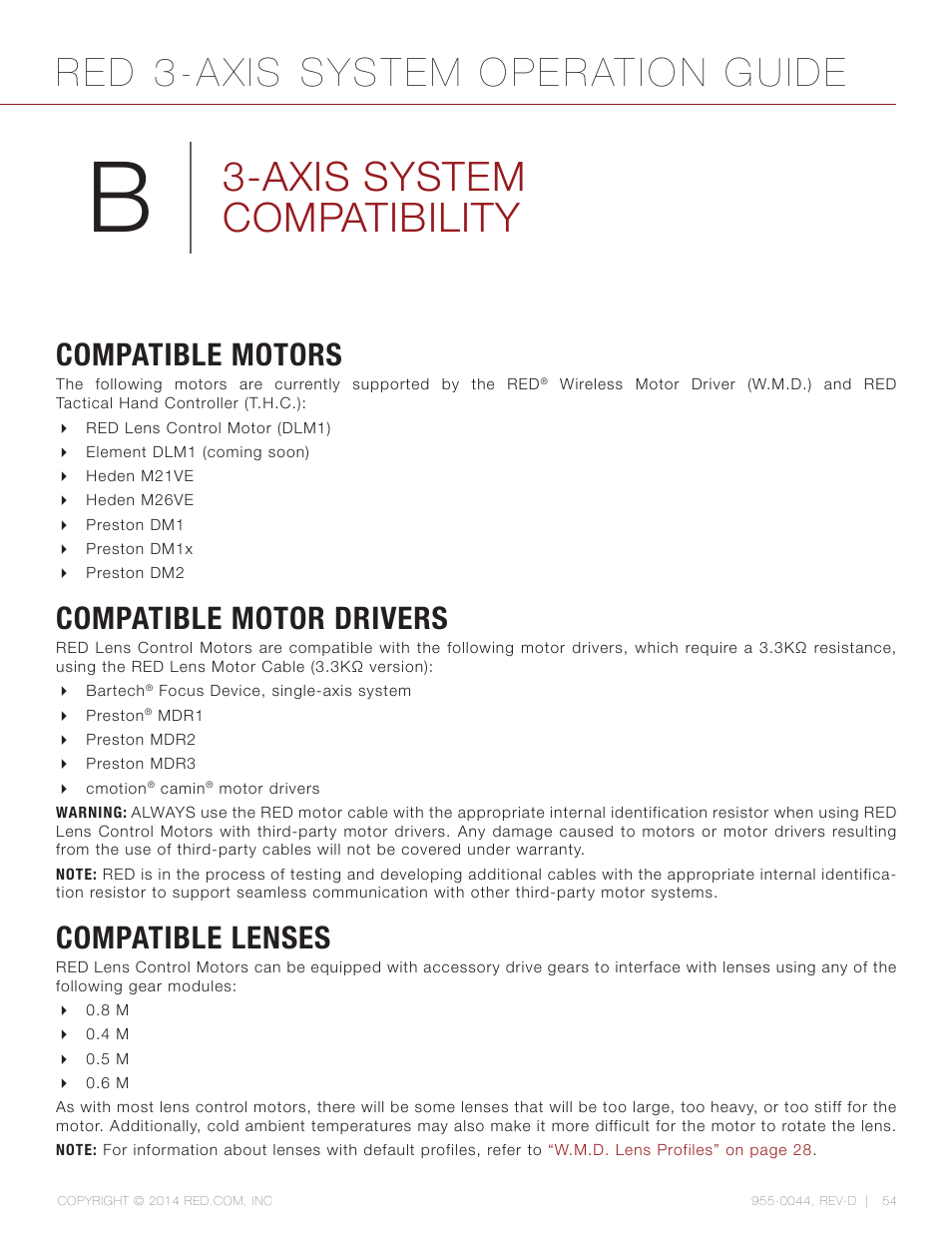 Axis system compatibility, Compatible motors, Compatible motor drivers | Compatible lenses, Axis system compat, Red 3-axis system operation guide | RED 3-AXIS LENS CONTROL SYSTEM User Manual | Page 54 / 71